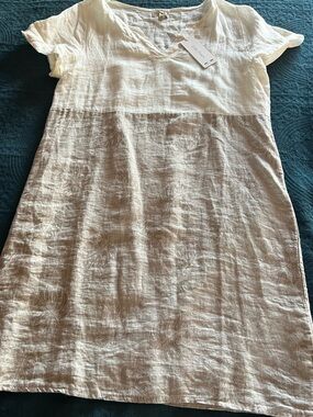 Lina Tomei NWT Cream Taupe V-Neck Embossed Summer Classic Shift Linen Dress XL